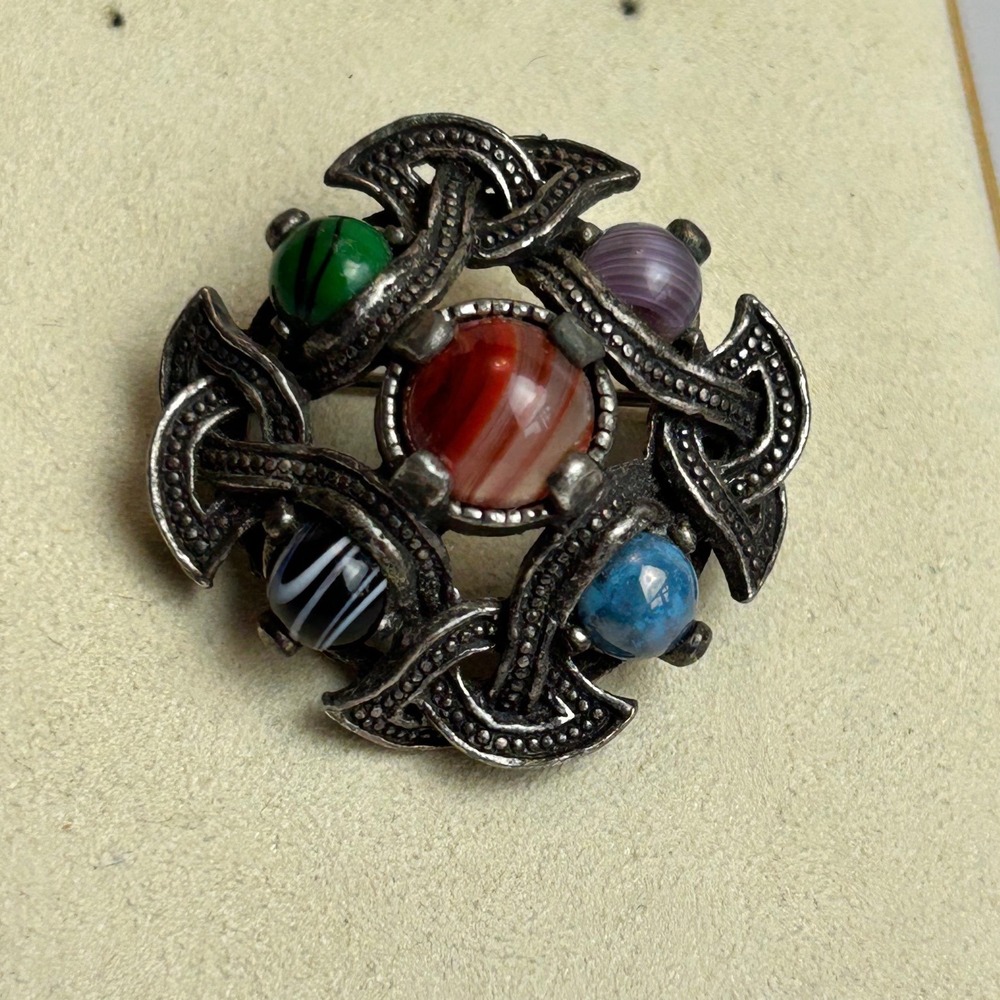 Celtic Knot Silver Tone Brooch Multi Color Faux Agate Cabochon Pin 1.25" Vintage